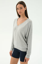 Splits59 Bennie Fleece V Neck Sweatshirt-Heather Grey/White