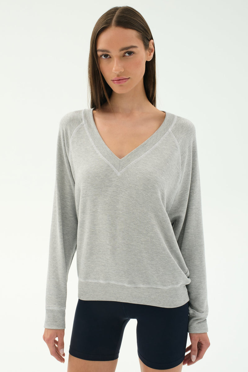 Splits59 Bennie Fleece V Neck Sweatshirt-Heather Grey/White