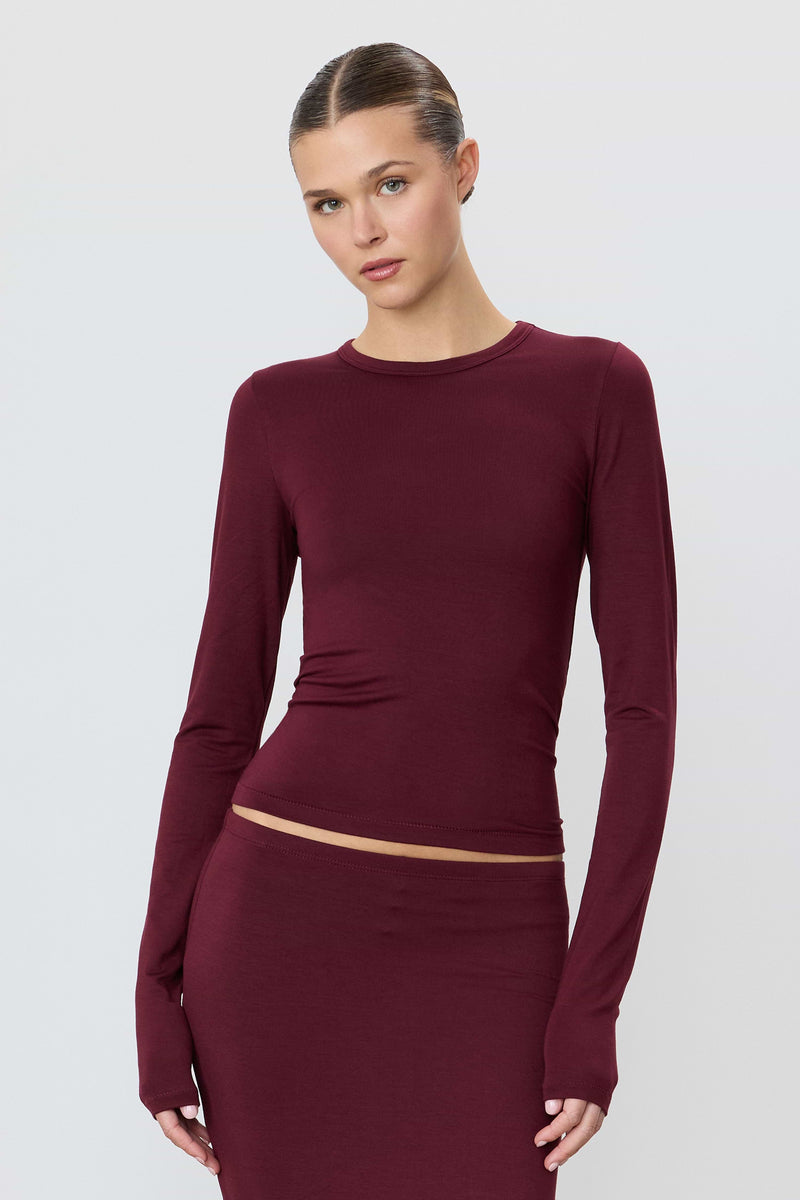 Eterne Fitted Crewneck Long Sleeve T-Shirt-Oxblood